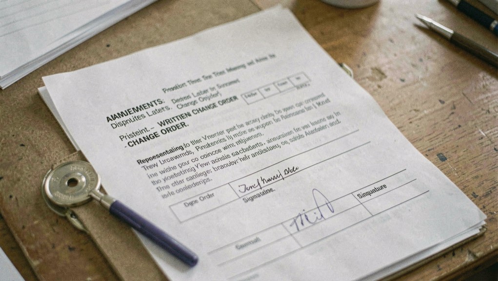 Editorial desk showing written change order, signature block and effective date