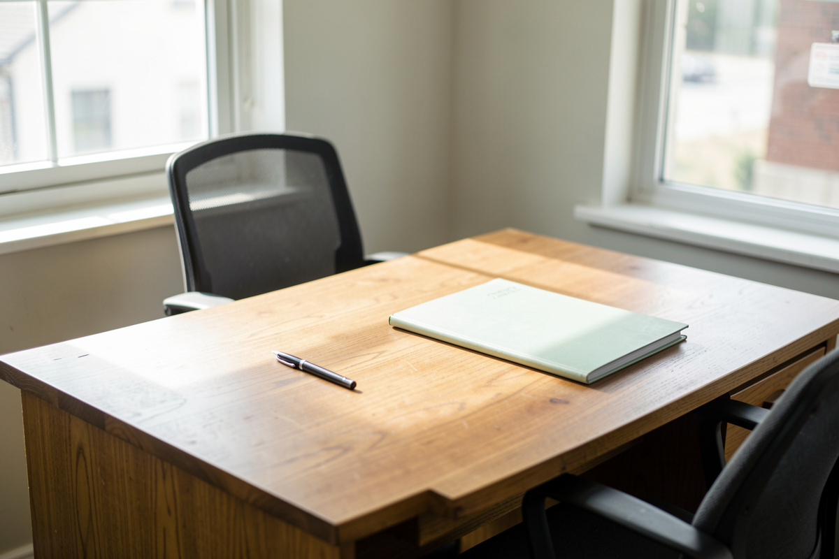 A wooden desk in a small office at midday, with a printed cap table, a pen, and a closed folder under soft window light, shot from slightly above.
