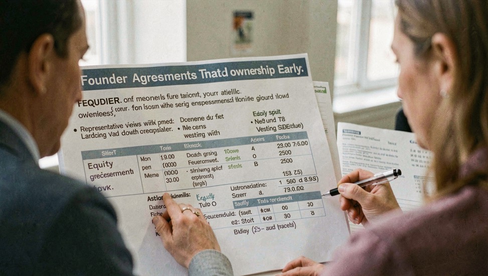 Editorial desk showing equity split, vesting schedule and decision rule