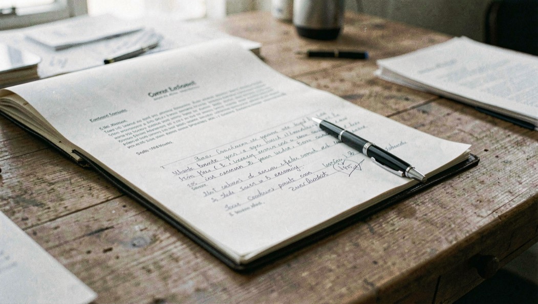 Open contract folder on a quiet editorial desk with a pen and marked pages