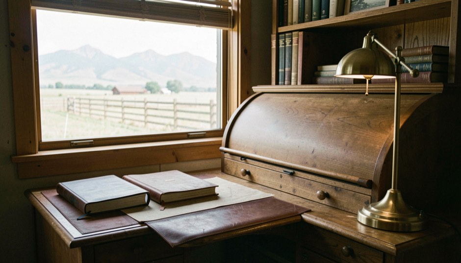 A wooden rolltop desk with two closed leather ledgers and a brass lamp in a ranch office, its window looking out on a fenced pasture and distant mountains