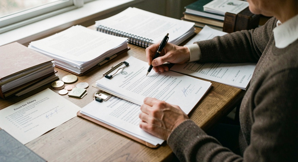 Editorial desk showing asset inventory, beneficiary detail and executor appointment