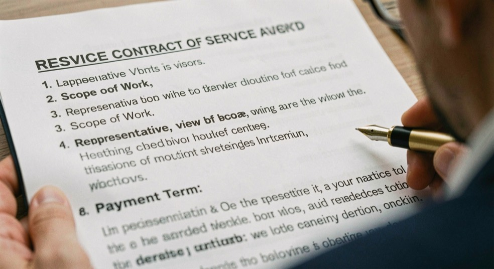 Editorial desk showing scope of work, payment term and termination clause